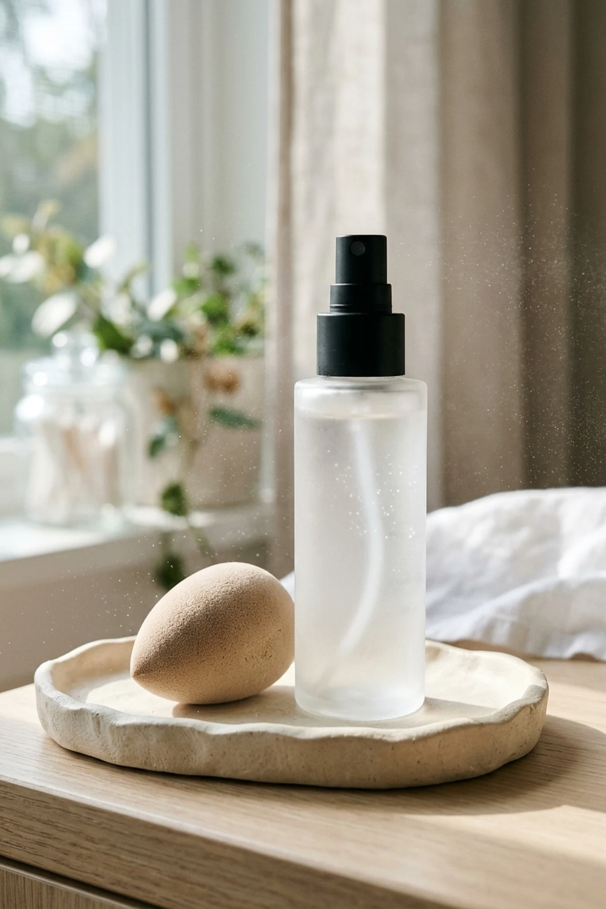Frosted bottle of micro-fine makeup setting spray beside a soft complexion blending sponge on a sunlit vanity tray (AI Generated Image)