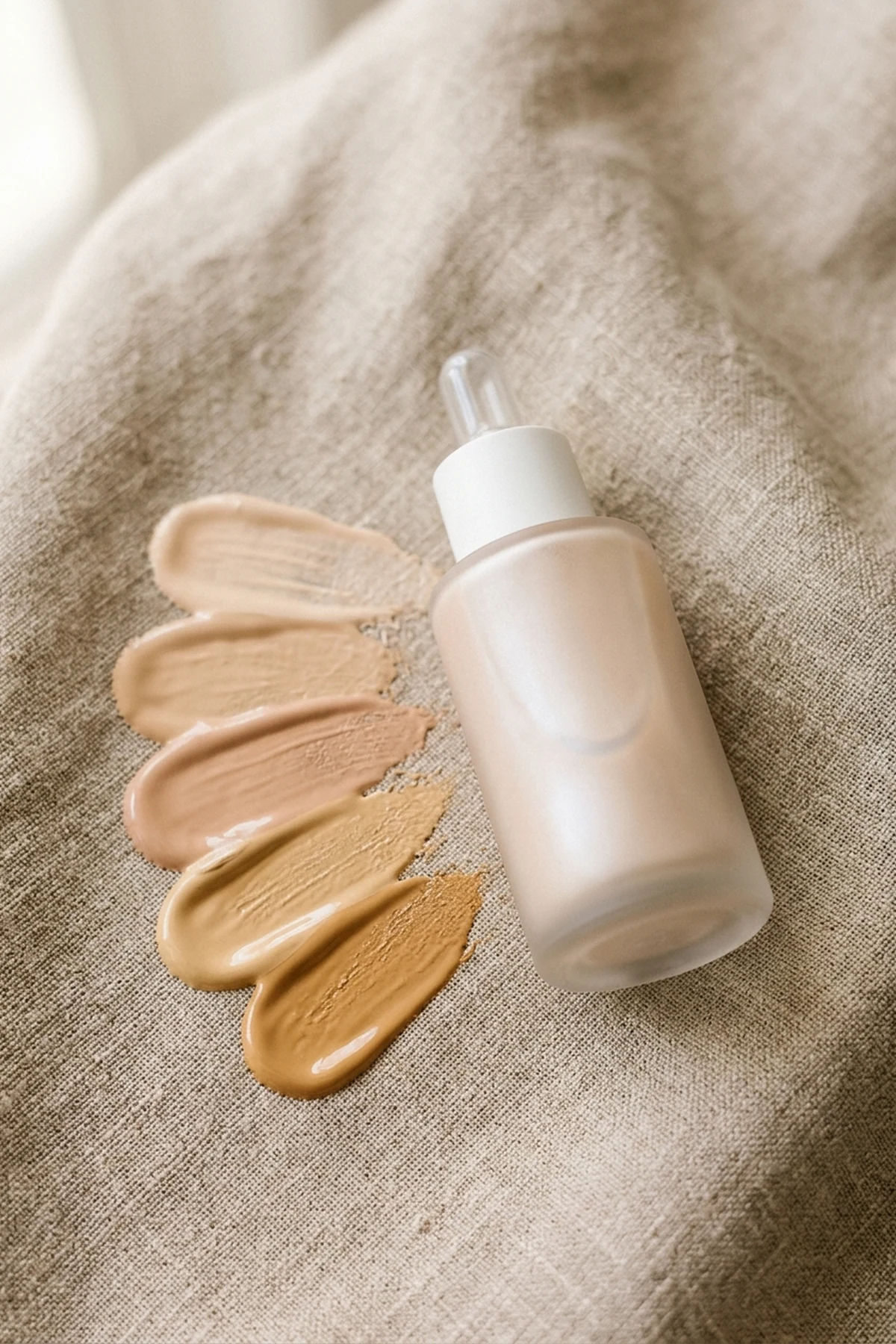 Glass dropper bottle of sheer hyaluronic skin tint and silk foundation swatched in soft neutral tones on warm linen (AI Generated Image)