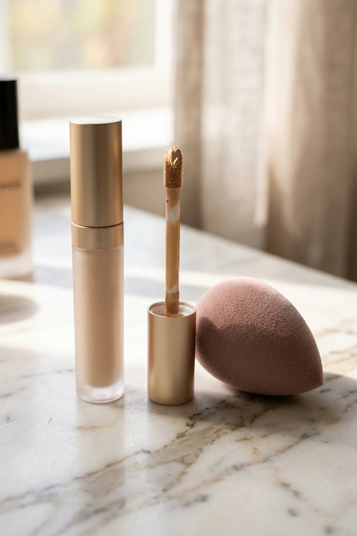 Sleek wand of creamy serum concealer next to a plush rose-taupe makeup blending sponge on a sunlit marble vanity (AI Generated Image)