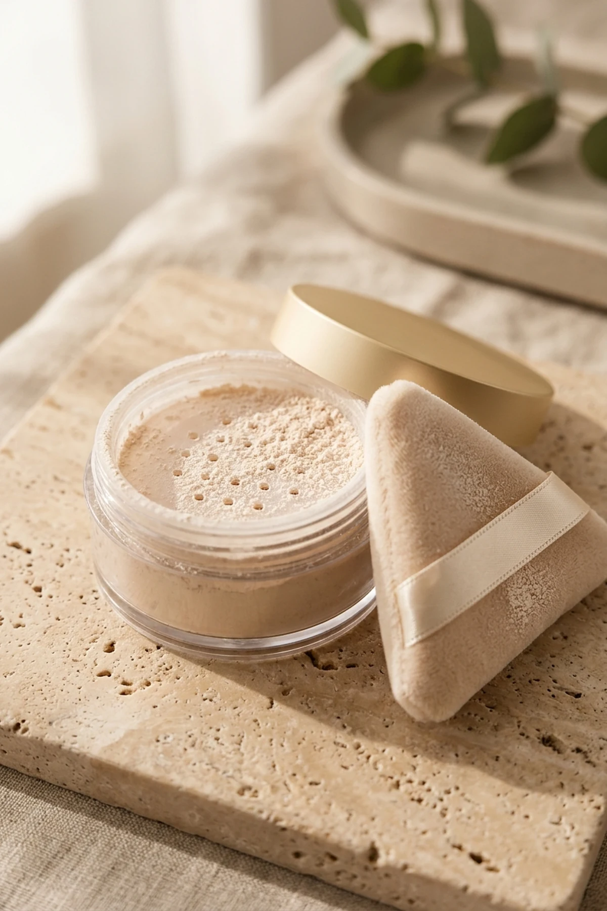 Open jar of finely milled translucent loose setting powder with a triangular velour powder puff in soft morning light (AI Generated Image)