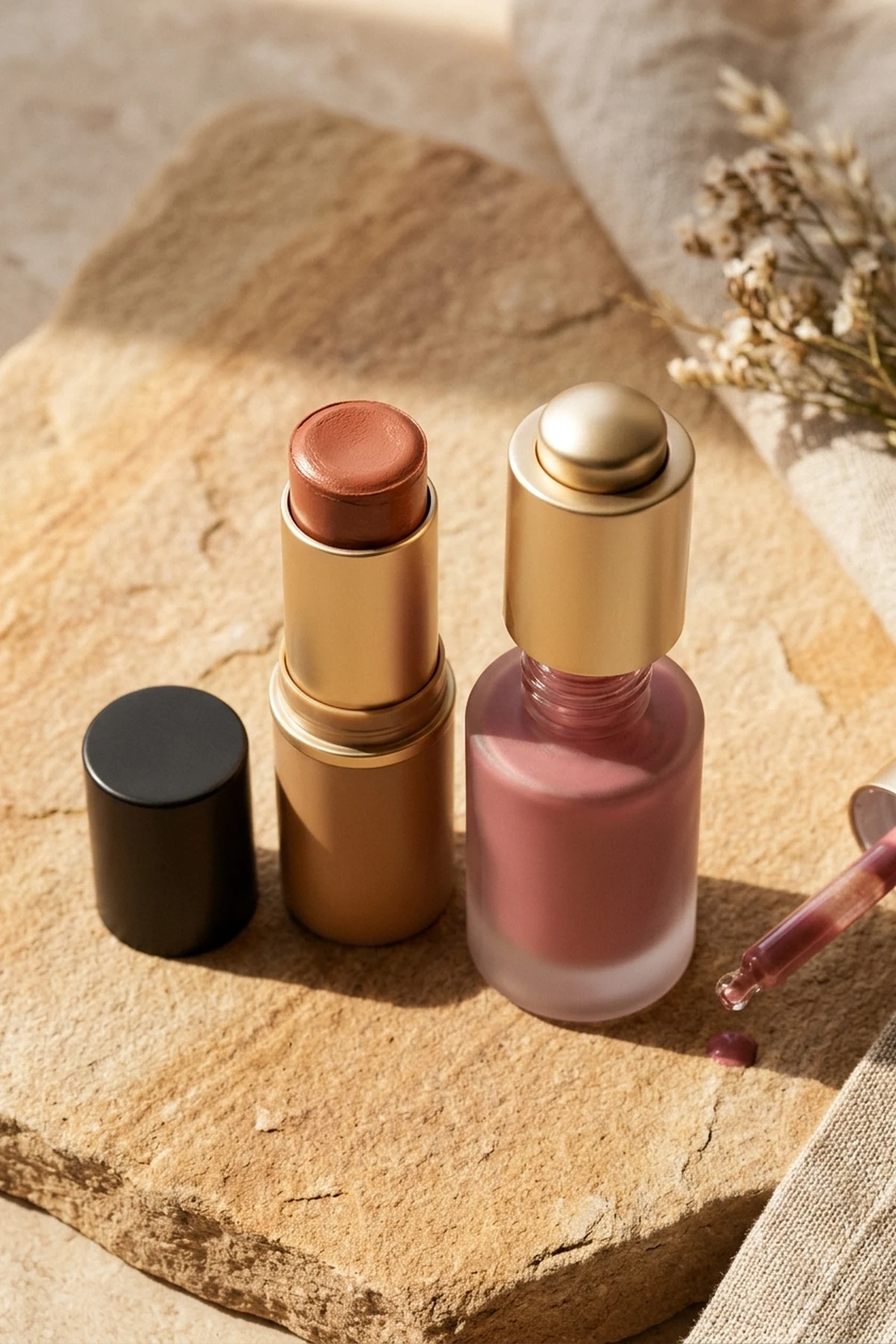 Aesthetic product flat-lay of a terracotta cream bronzer stick and rose-mauve liquid blush bottle on warm sandstone (AI Generated Image)