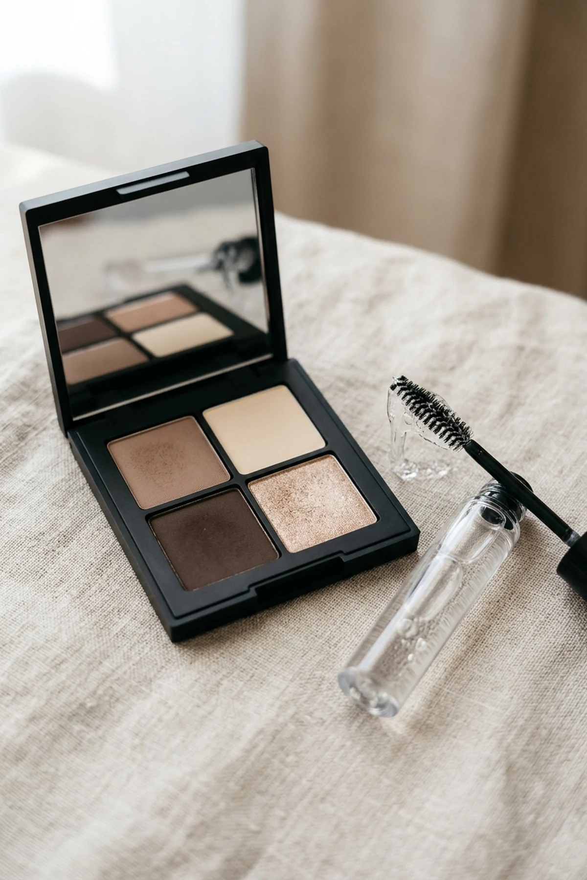Compact eyeshadow quad in warm taupe and champagne shimmer beside a sleek brow lamination gel wand on linen (AI Generated Image)