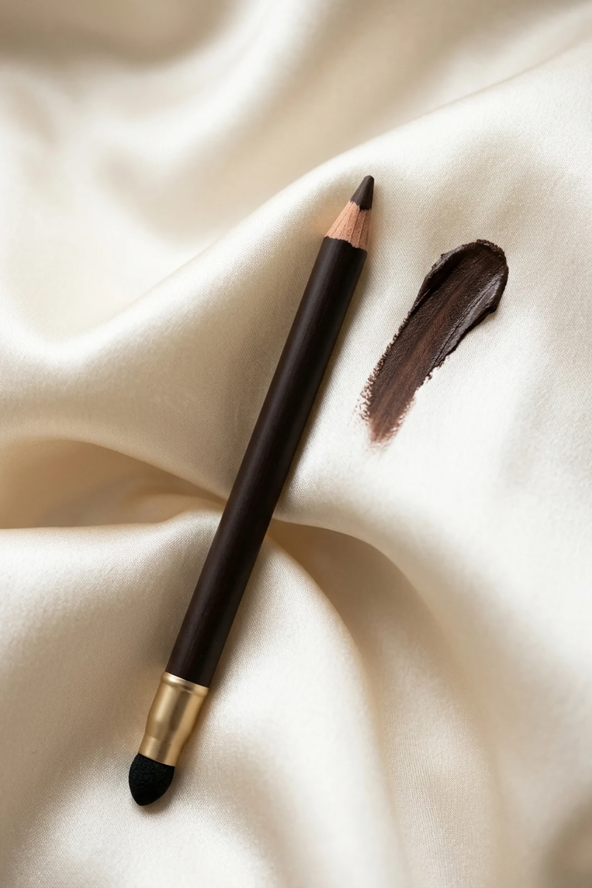 Macro product shot of an espresso brown satin kajal eyeliner pencil with a built-in smudger tip on cream silk (AI Generated Image)