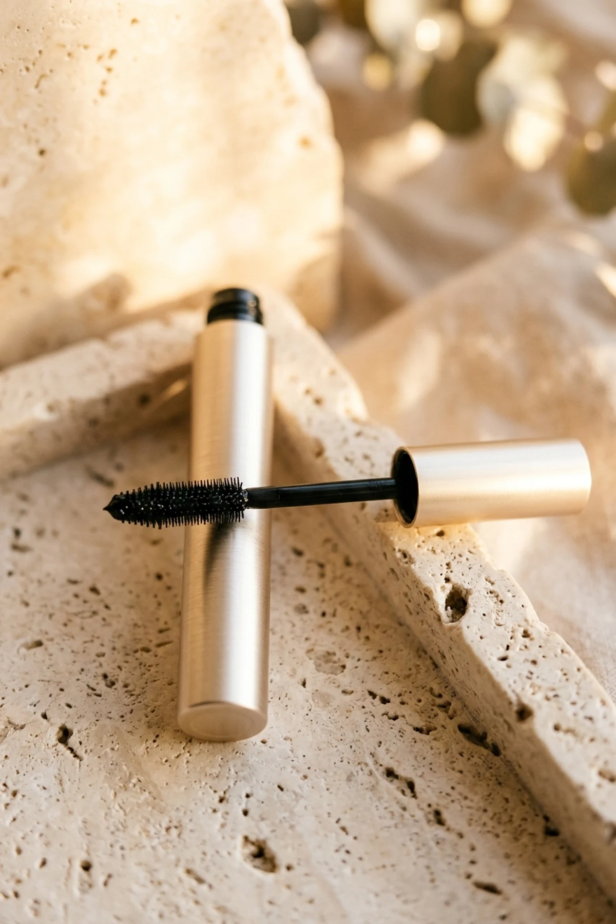 Luxury metallic mascara tube with a tapered silicone wand resting on a travertine tray in golden afternoon light (AI Generated Image)