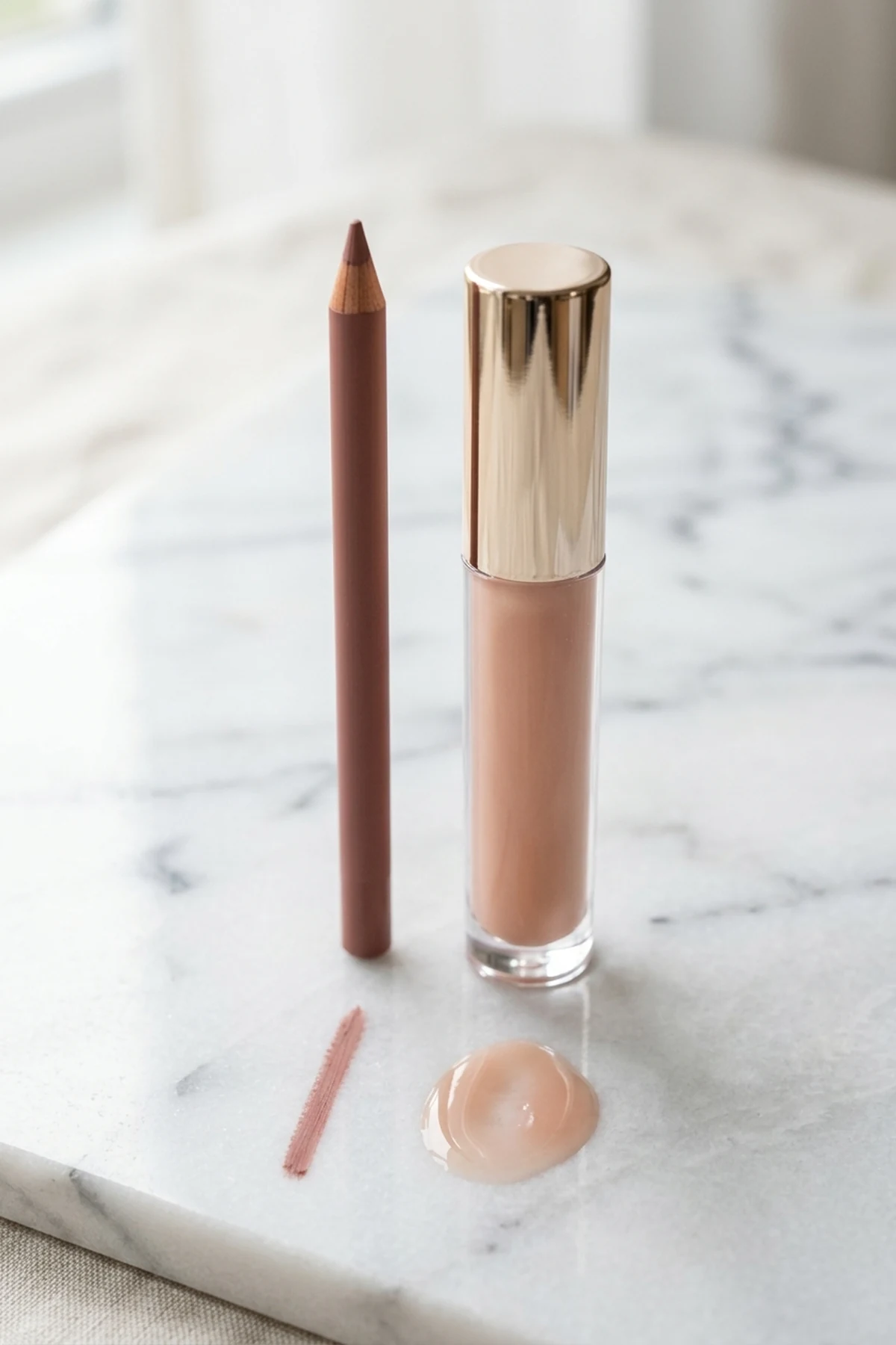 Close-up of a rose-taupe lip liner pencil paired with a glossy tinted peptide lip oil tube on marble (AI Generated Image)