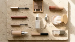 Editorial overhead flat-lay of ten luxury and drugstore makeup products arranged on travertine stone in warm morning sunlight