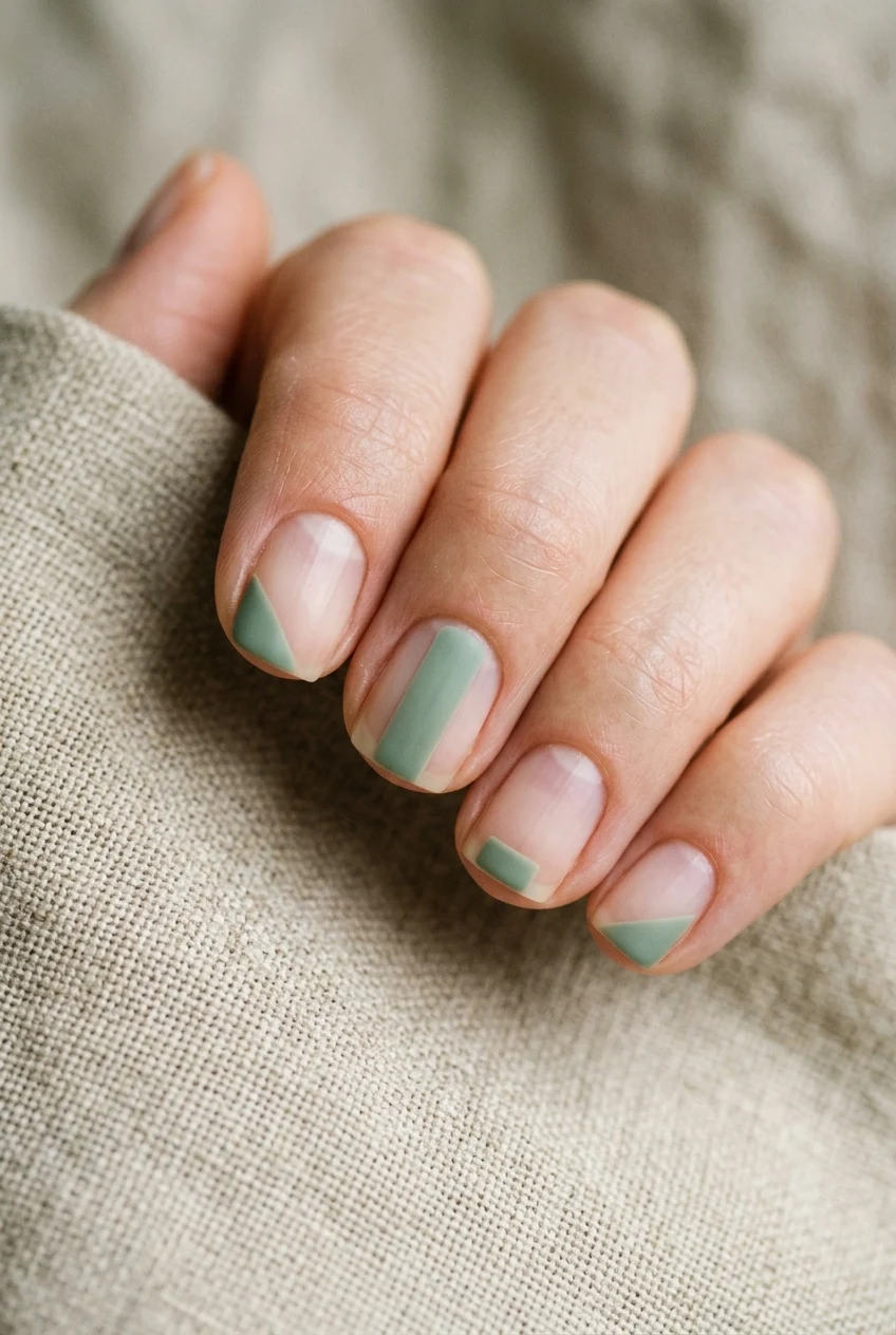 14. Muted Sage Green Negative Space - simple fall nails (AI Generated Image)