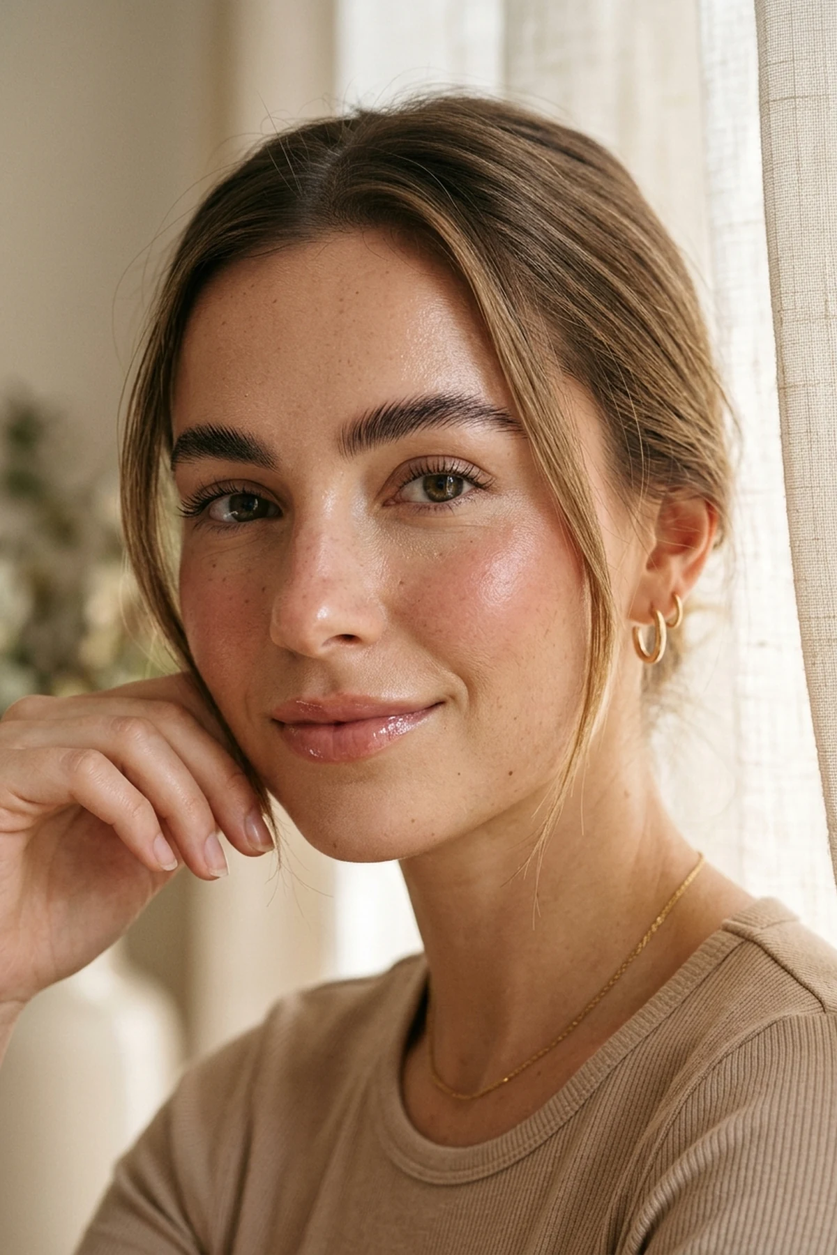 20 Effortless Natural Makeup Looks for an Everyday 'No-Makeup' Glow (2026 Inspo) 23 Close-up editorial portrait of a woman wearing a classic clean girl natural makeup look with sheer dewy skin tint and brushed feathery soap brows in warm sunlight (AI Generated Image)