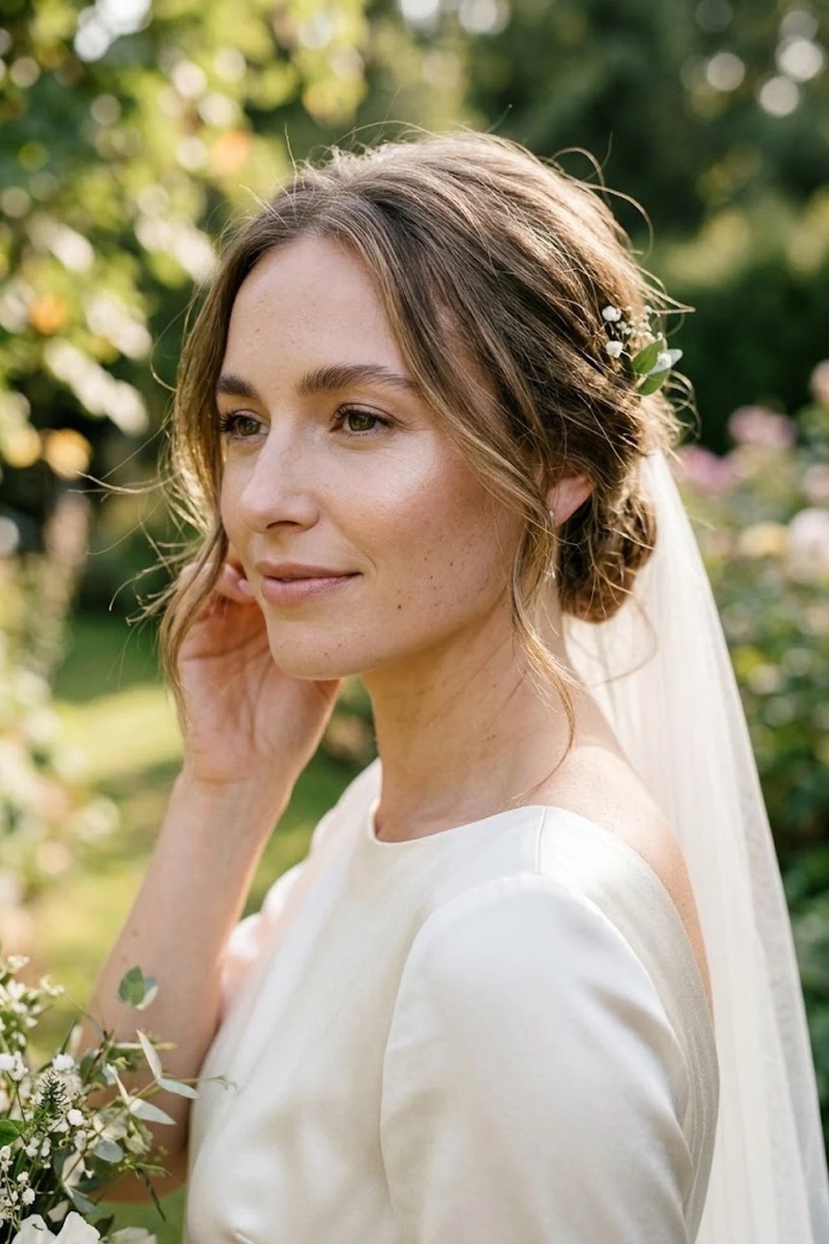 20 Effortless Natural Makeup Looks for an Everyday 'No-Makeup' Glow (2026 Inspo) 33 Minimalist bride in white silk wearing natural wedding makeup with luminous cheekbones, softly brushed brows, and satin T-zone finish in outdoor garden light (AI Generated Image)