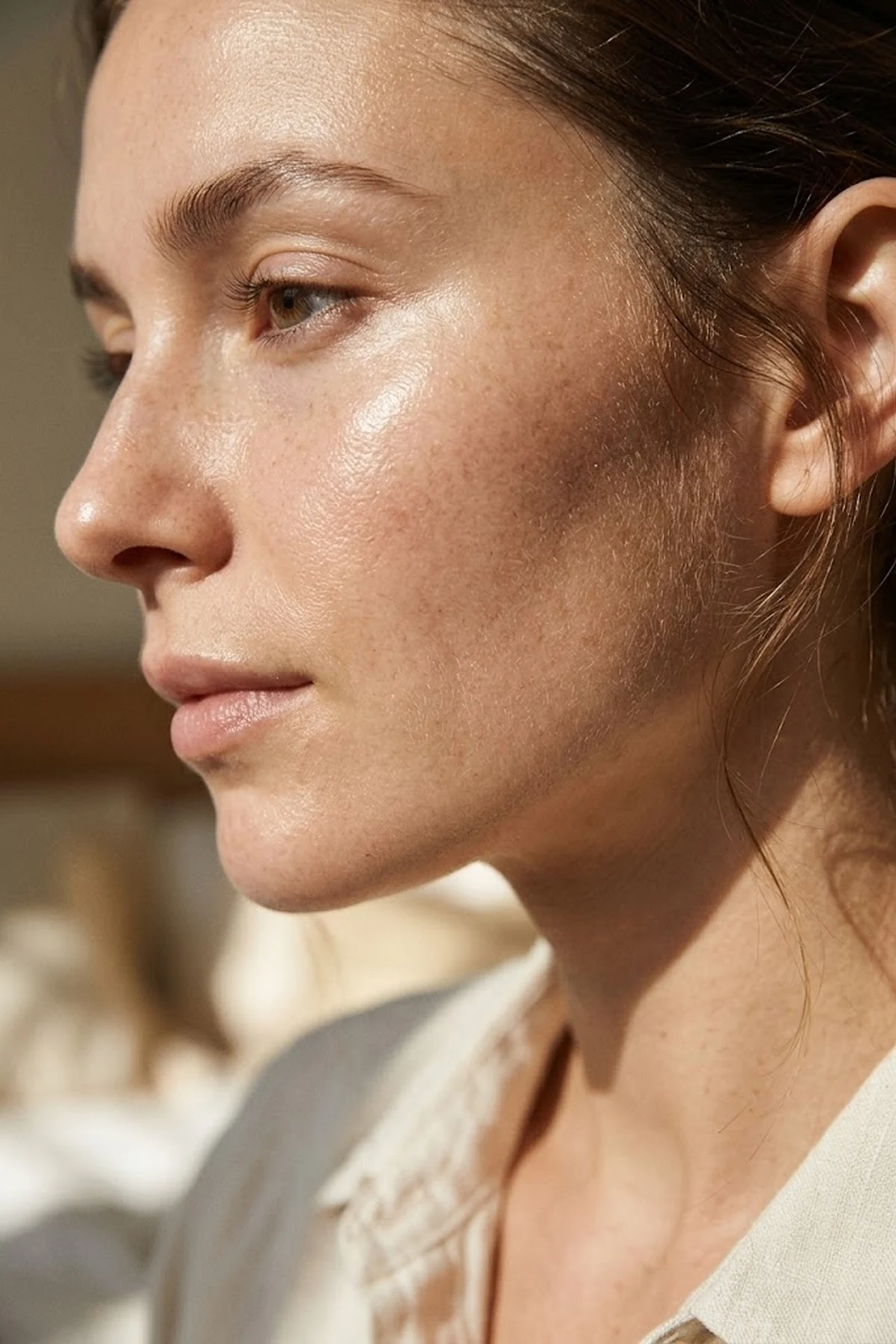 20 Effortless Natural Makeup Looks for an Everyday 'No-Makeup' Glow (2026 Inspo) 34 Macro beauty shot of ultra-hydrated glass skin with a seamless sheer skin tint layered smoothly over morning sunscreen in natural window light (AI Generated Image)