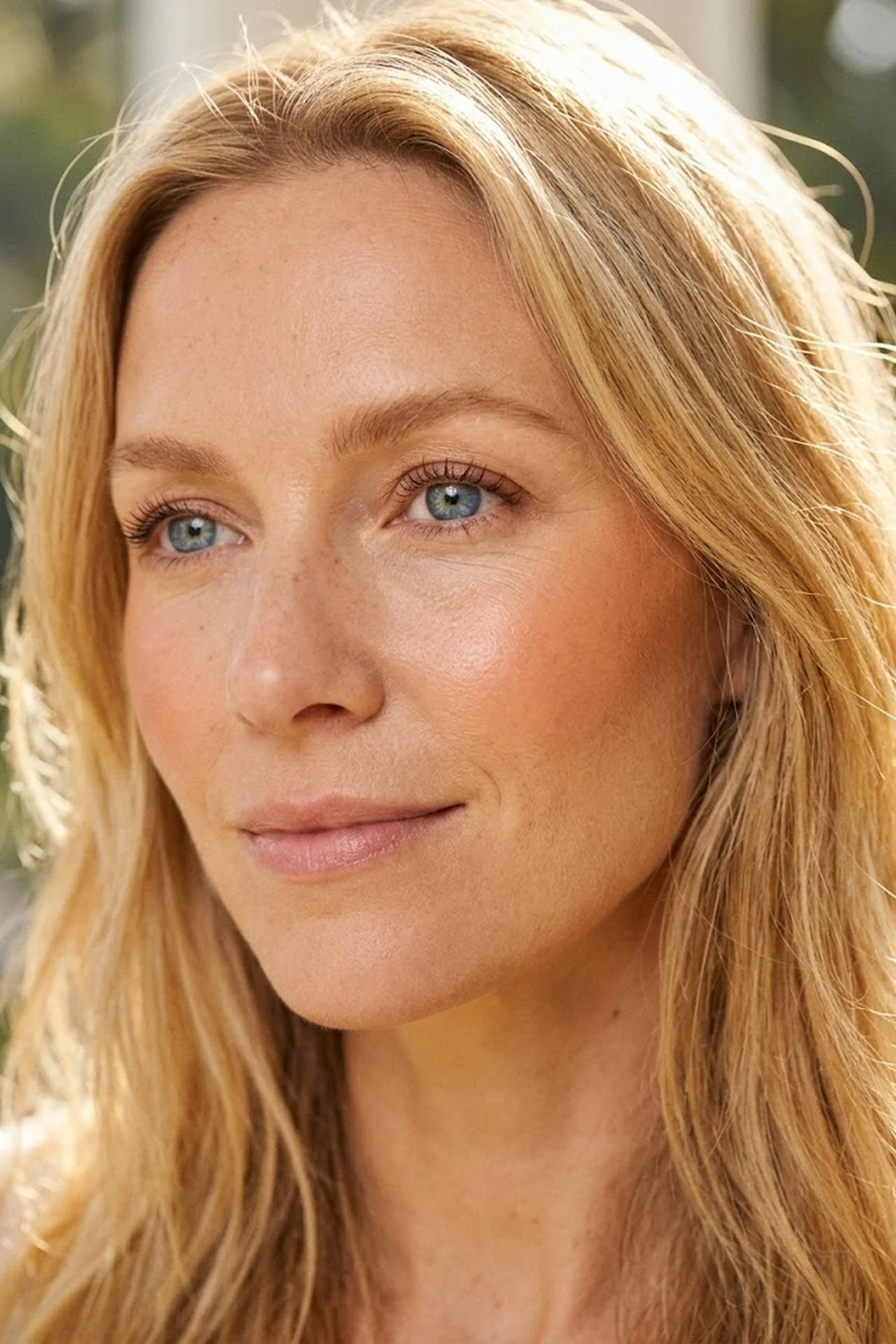 20 Effortless Natural Makeup Looks for an Everyday 'No-Makeup' Glow (2026 Inspo) 35 Close-up beauty portrait of a blonde woman with bright blue eyes wearing warm apricot cream blush and subtle brown mascara in sunlit editorial lighting (AI Generated Image)