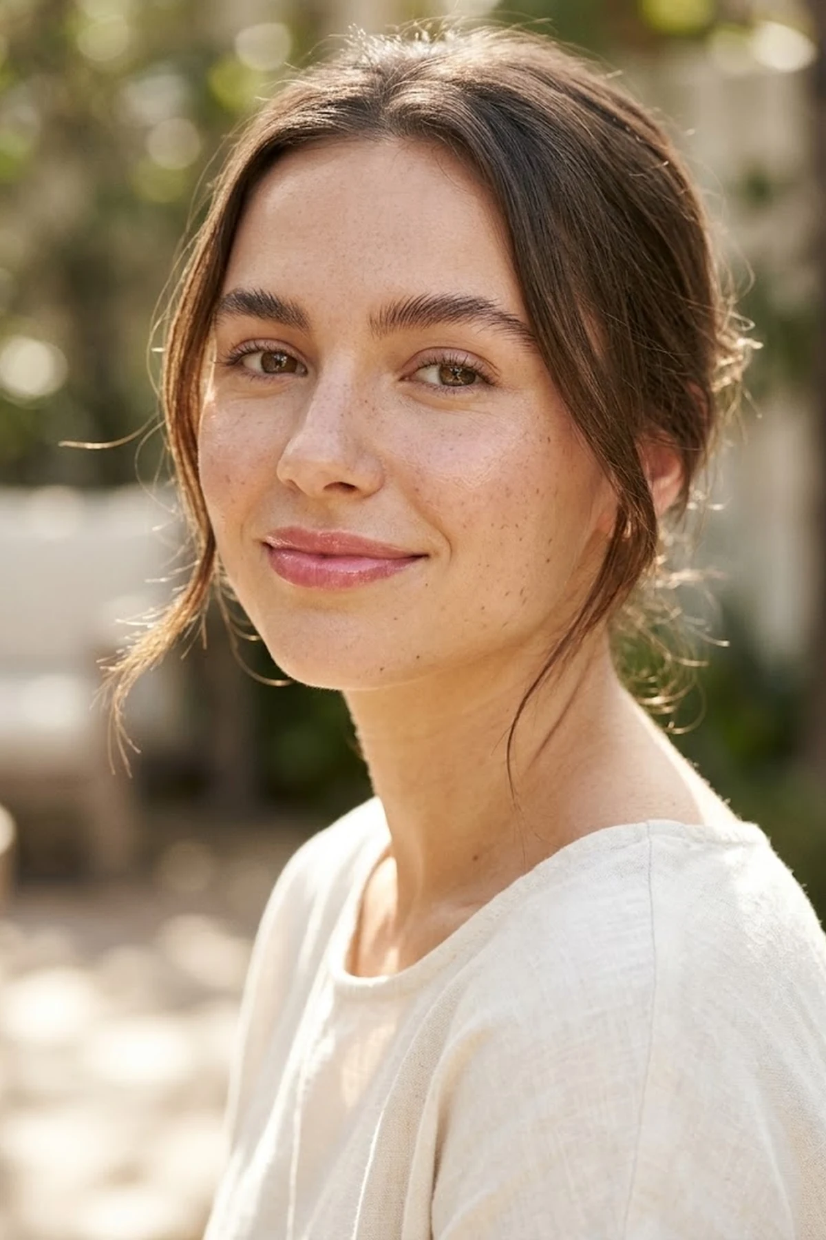 20 Effortless Natural Makeup Looks for an Everyday 'No-Makeup' Glow (2026 Inspo) 37 Fresh sunlit portrait of a young woman wearing a 3-product natural makeup look with brushed natural brows, clear skin, and glossy pink lip oil (AI Generated Image)