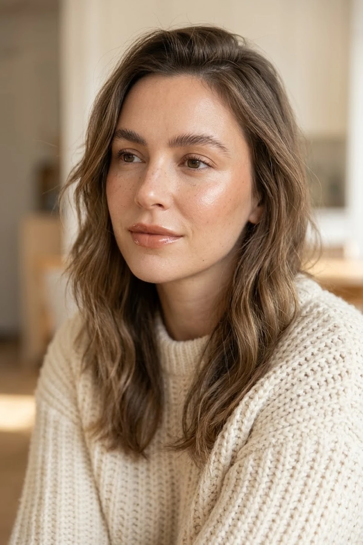 20 Effortless Natural Makeup Looks for an Everyday 'No-Makeup' Glow (2026 Inspo) 38 Warm editorial portrait of a woman in a cream knit sweater wearing vanilla girl natural makeup with satin skin tint and warm chai-nude glossy lip balm (AI Generated Image)