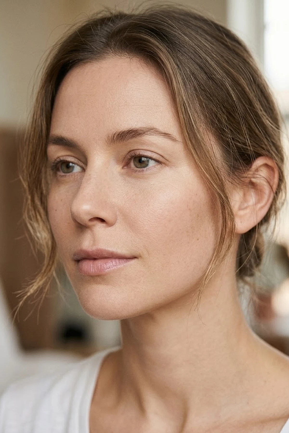 20 Effortless Natural Makeup Looks for an Everyday 'No-Makeup' Glow (2026 Inspo) 39 Close-up natural beauty portrait showing calm, even-toned sensitive skin with lightweight mineral tint coverage and soft neutral lip balm (AI Generated Image)