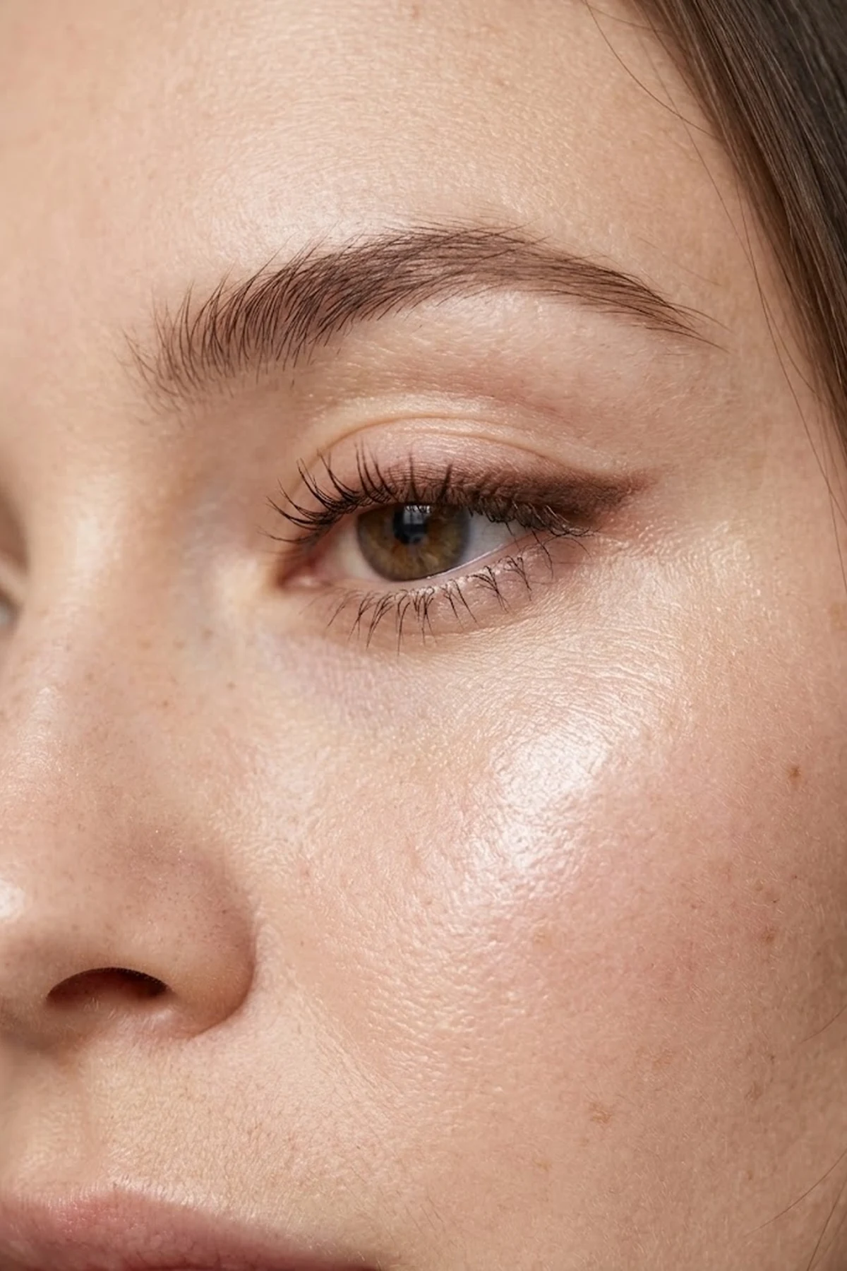 20 Effortless Natural Makeup Looks for an Everyday 'No-Makeup' Glow (2026 Inspo) 40 Macro eye and cheek beauty shot showing a softly diffused cocoa brown pencil along the upper lash roots with natural curled lashes and dewy skin (AI Generated Image)