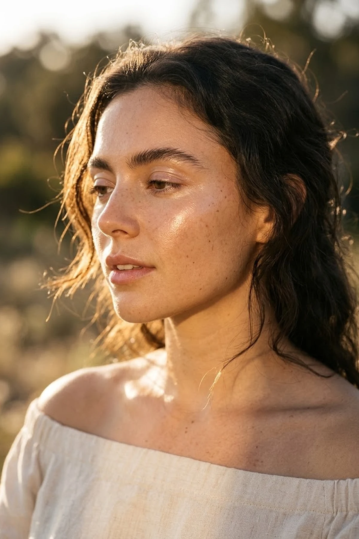 20 Effortless Natural Makeup Looks for an Everyday 'No-Makeup' Glow (2026 Inspo) 41 Golden-hour outdoor beauty portrait showing a wet-look translucent balm highlight catching sunlight on high cheekbones and bare eyelids (AI Generated Image)