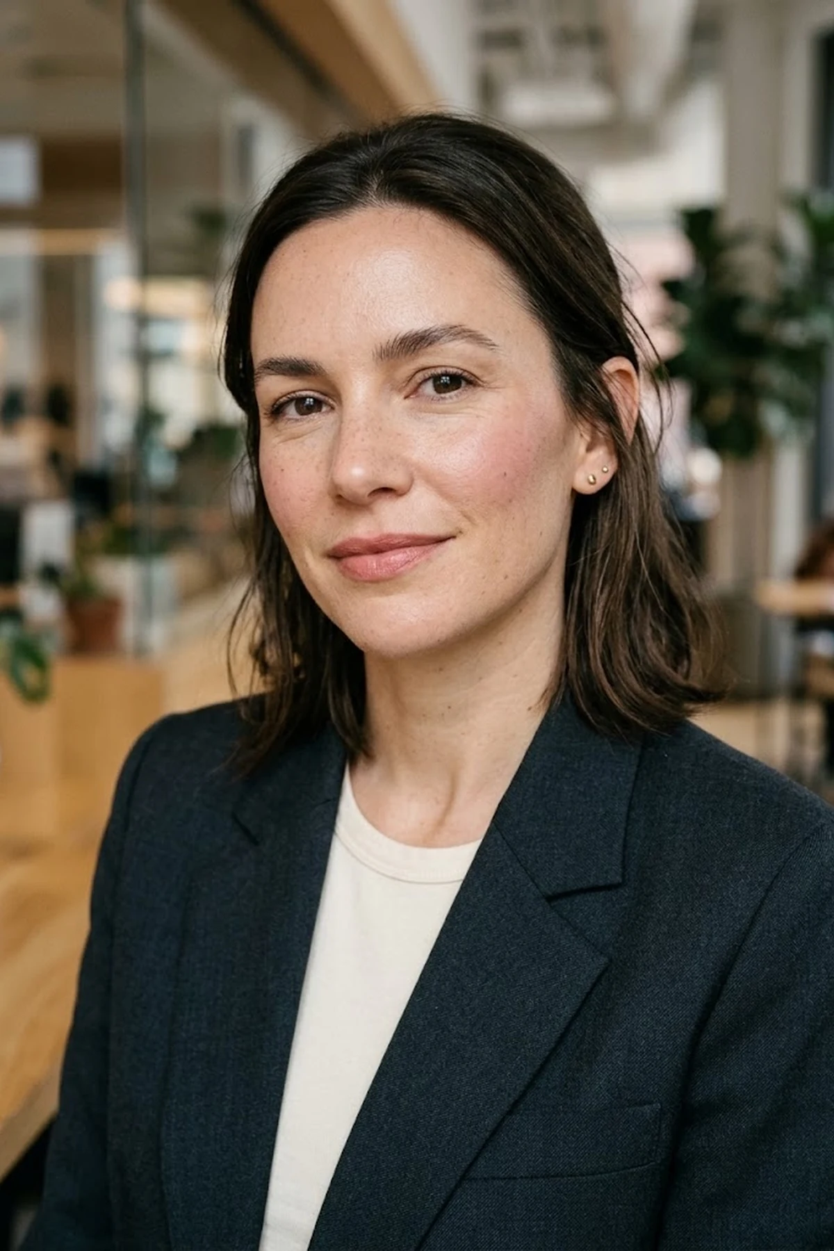 20 Effortless Natural Makeup Looks for an Everyday 'No-Makeup' Glow (2026 Inspo) 42 Polished everyday portrait of a woman in a tailored blazer wearing an 8-hour natural makeup look with satin skin tint, dusty-rose cheeks, and neat brows (AI Generated Image)
