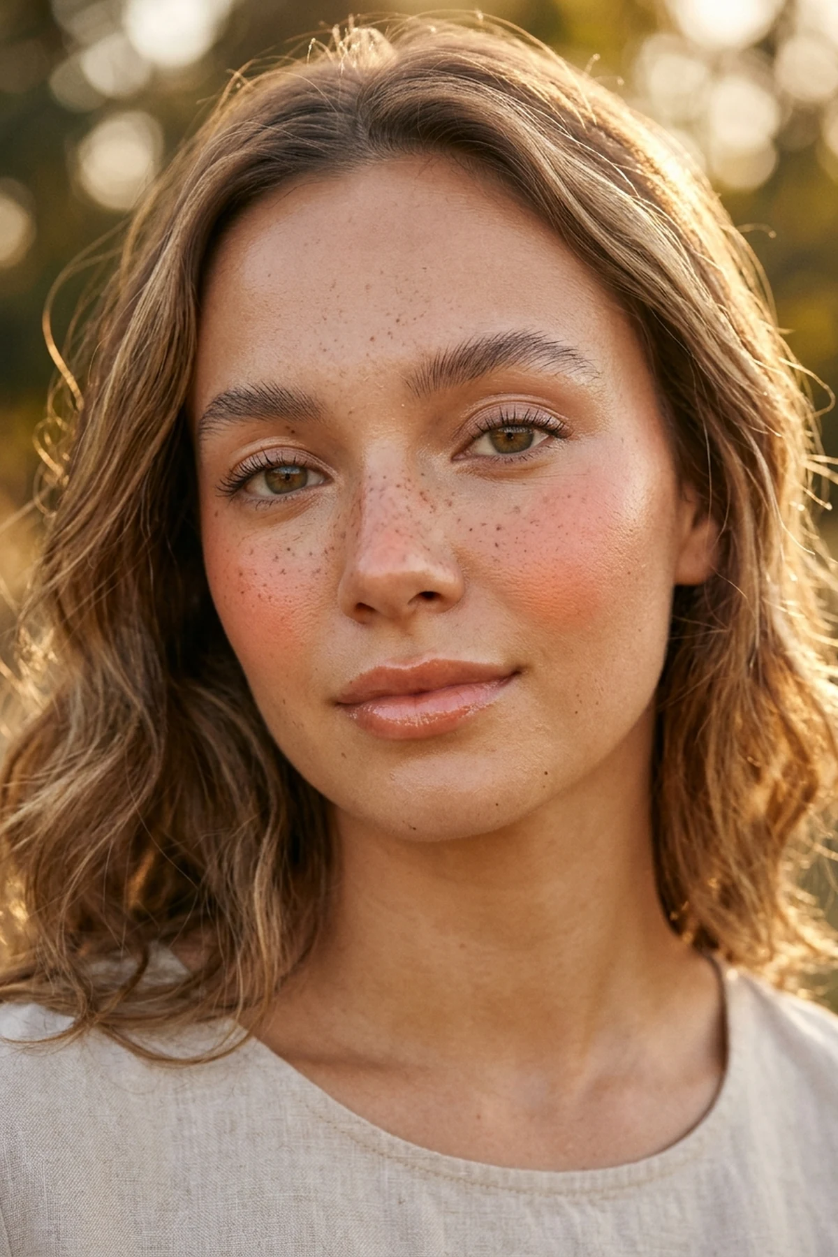 20 Effortless Natural Makeup Looks for an Everyday 'No-Makeup' Glow (2026 Inspo) 25 Editorial beauty photo of a sun-kissed natural makeup look featuring warm peach cream blush across the nose bridge and realistic faux freckles in golden hour light (AI Generated Image)