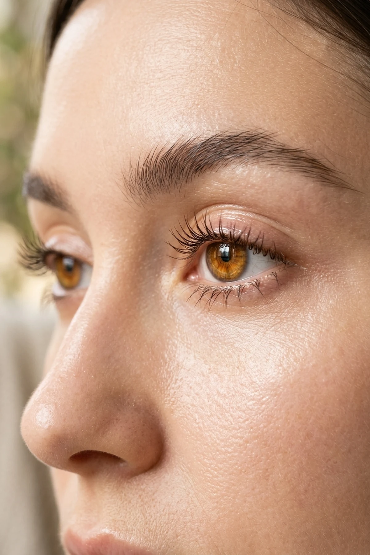 20 Effortless Natural Makeup Looks for an Everyday 'No-Makeup' Glow (2026 Inspo) 26 Macro beauty portrait of warm brown eyes enhanced with a natural makeup look using espresso brown tubing mascara, lifted lashes, and glossy bare eyelids (AI Generated Image)