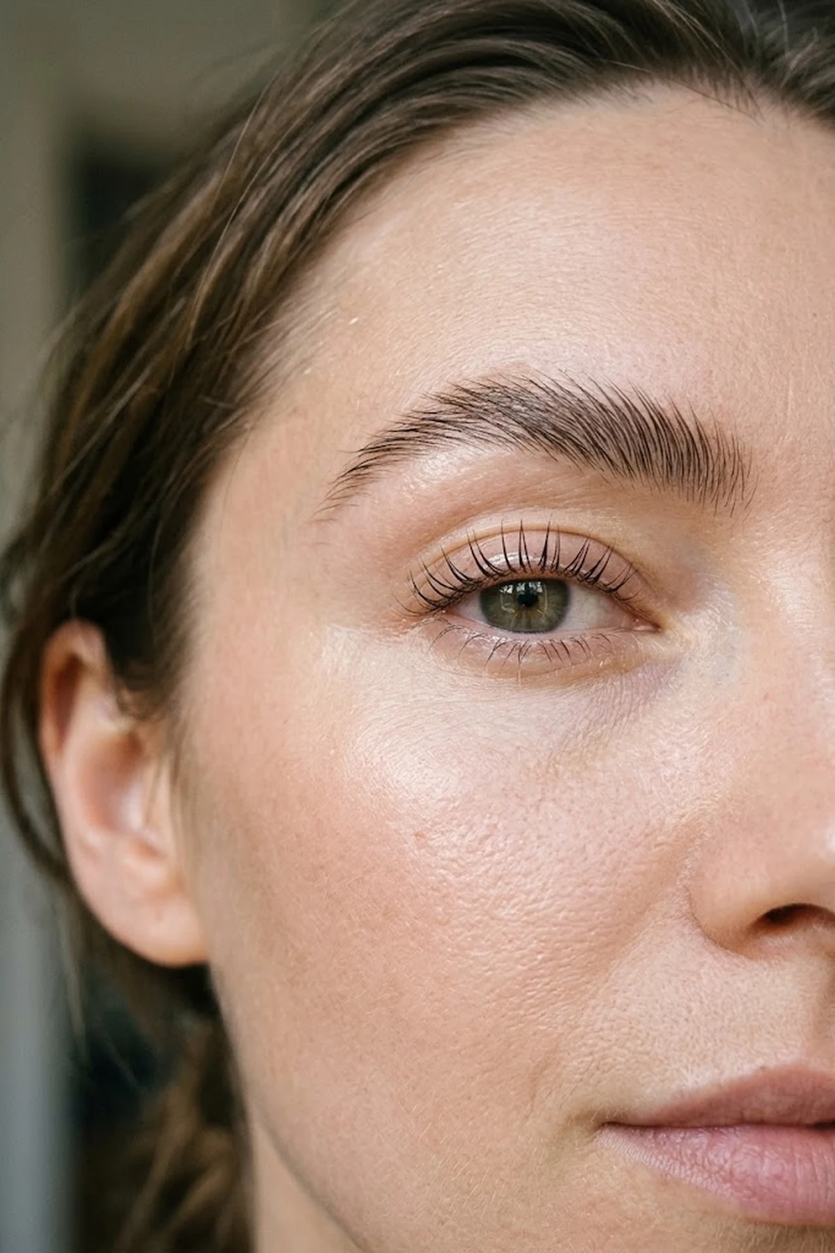 20 Effortless Natural Makeup Looks for an Everyday 'No-Makeup' Glow (2026 Inspo) 29 Editorial beauty close-up of a woman wearing zero mascara with glossy lifted natural lashes and feathery upward-brushed laminated eyebrows (AI Generated Image)