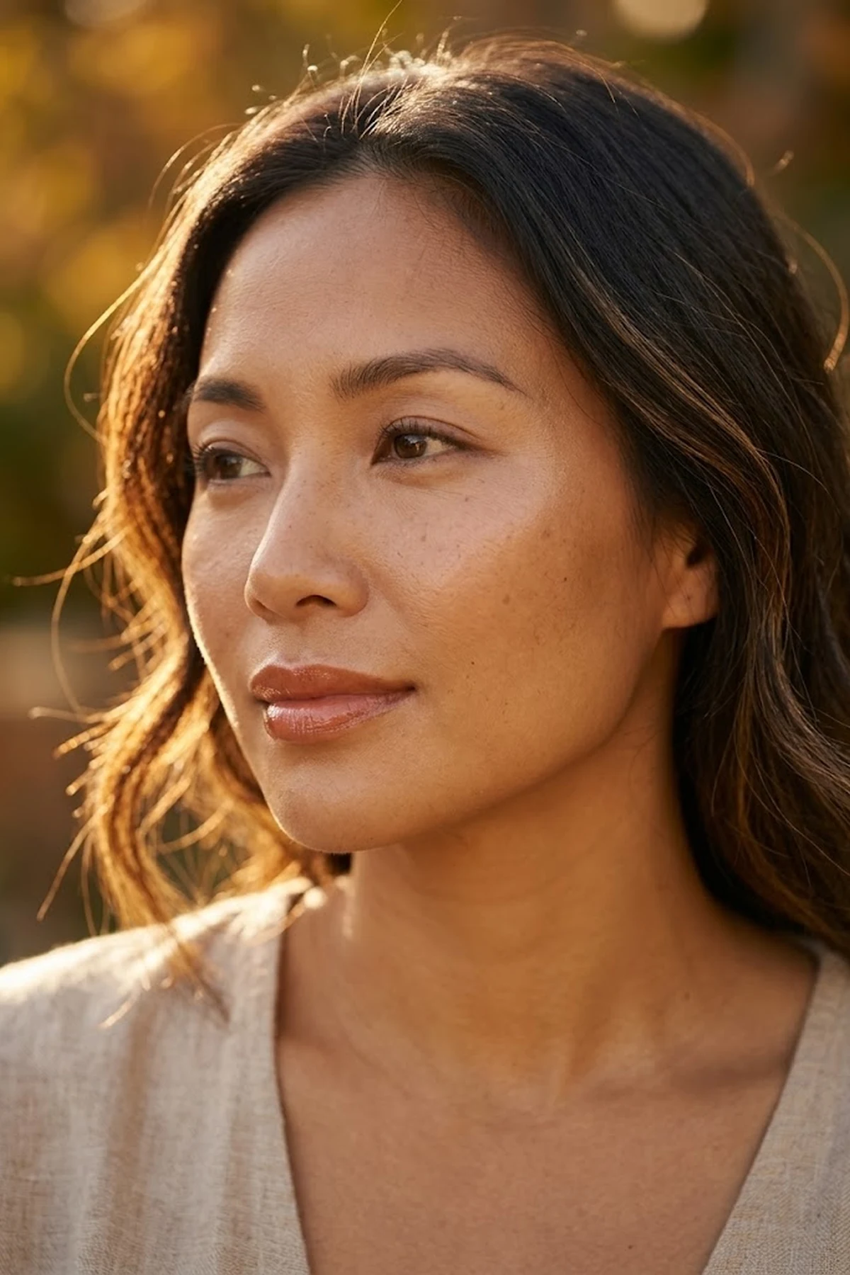 20 Effortless Natural Makeup Looks for an Everyday 'No-Makeup' Glow (2026 Inspo) 30 Warm sunlit portrait of an Asian woman with tan golden-olive skin wearing a honey-glazed sheer skin tint and sheer caramel tinted lip balm (AI Generated Image)