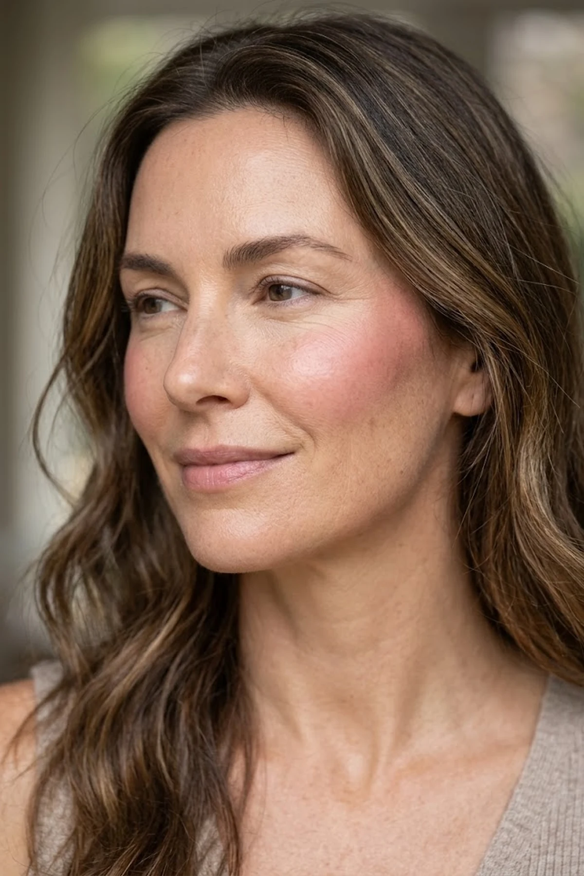 20 Effortless Natural Makeup Looks for an Everyday 'No-Makeup' Glow (2026 Inspo) 31 Radiant portrait of a woman in her 40s wearing hydrating serum skin tint, high-placed rose cream blush, and crease-free under-eye concealer in natural light (AI Generated Image)