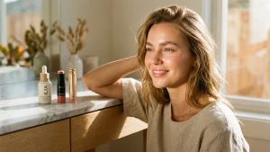 Editorial horizontal showcase of 20 effortless natural makeup looks featuring sheer dewy skin tints, feathery soap brows, cream blush, and glossy tinted lip balms in warm sunlight