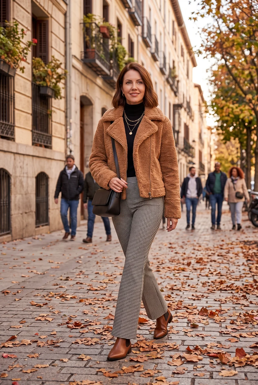 11. Off-the-Shoulder Fisherman Knit with Caramel Leather Trousers - thanksgiving outfit (AI Generated Image)