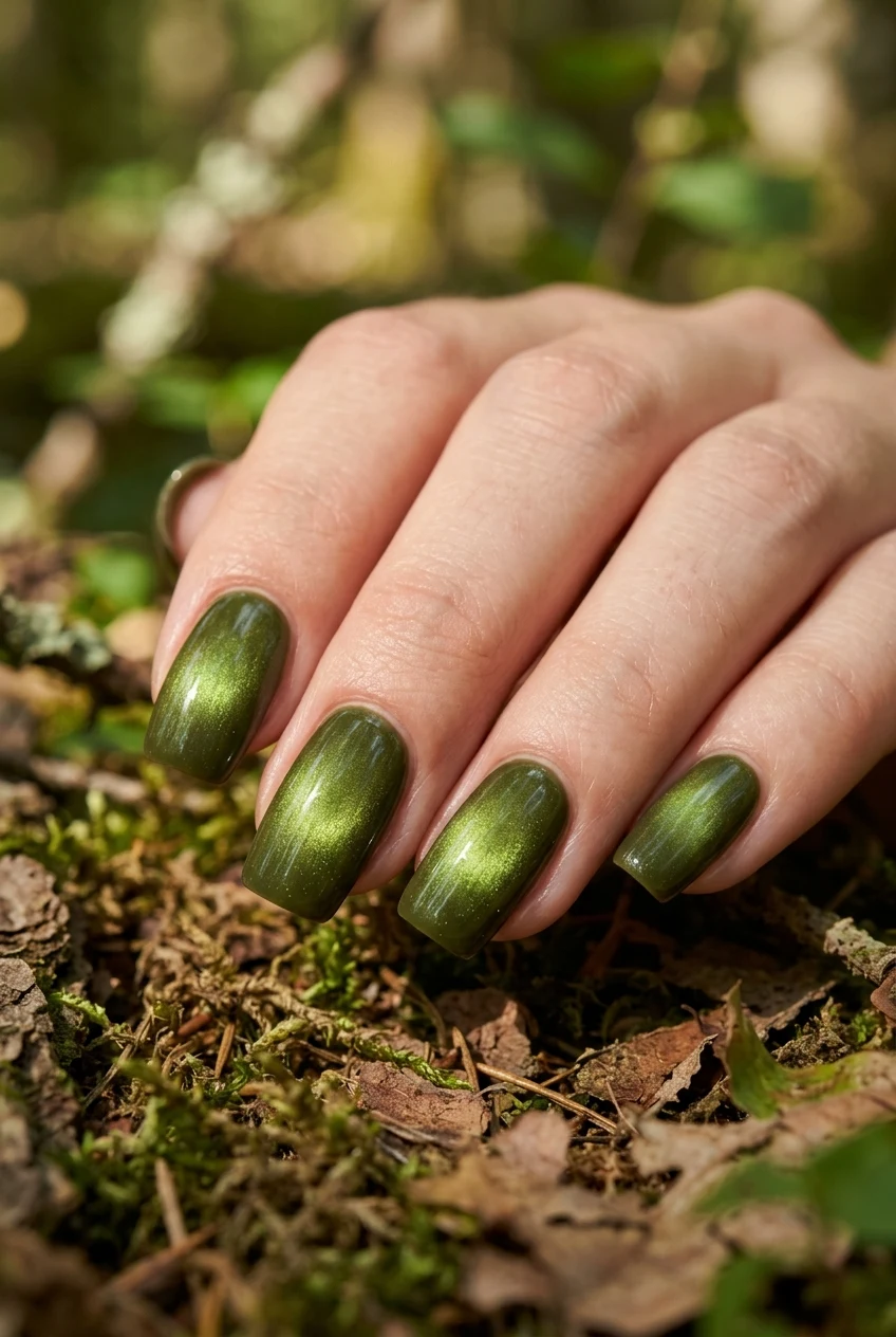 11. Olive Moss Velvet Aura Center - fall cat eye nails (AI Generated Image)