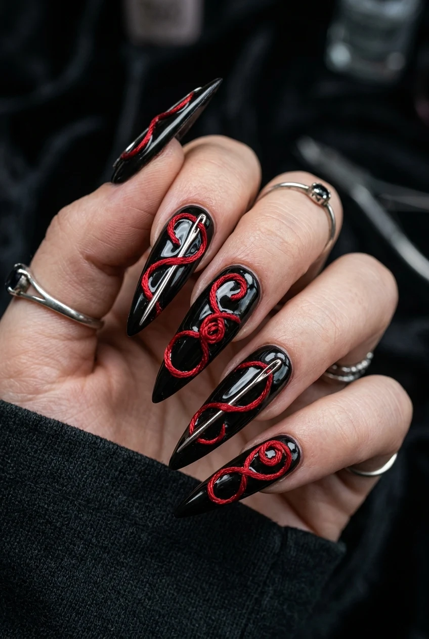 3. The Other Mother Needle & Thread Stiletto Accent - coraline nails (AI Generated Image)