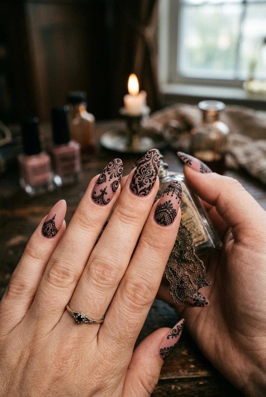 4. The Pink Palace Victorian Damask Wallpaper Nails - coraline nails (AI Generated Image)
