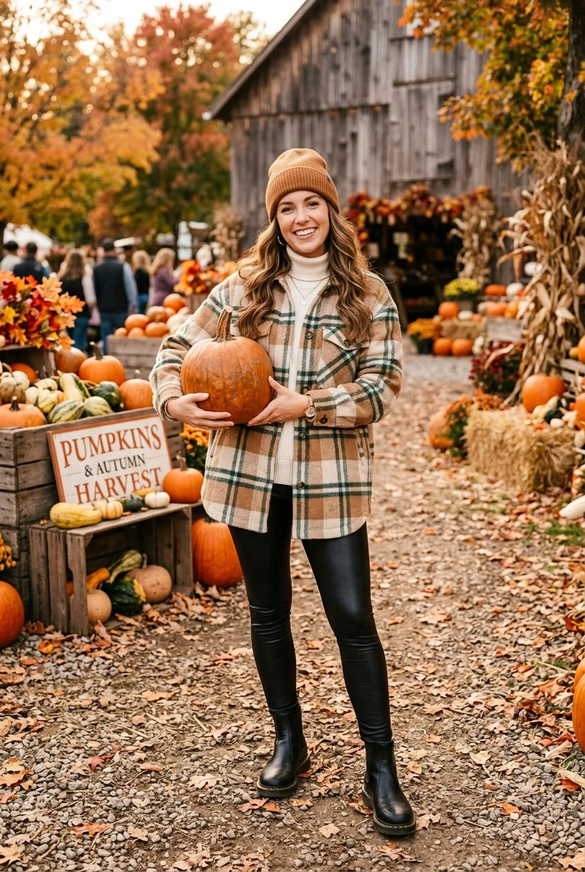 7. Cozy Plaid Shacket with Cream Turtleneck & Leather Leggings - thanksgiving outfit (AI Generated Image)