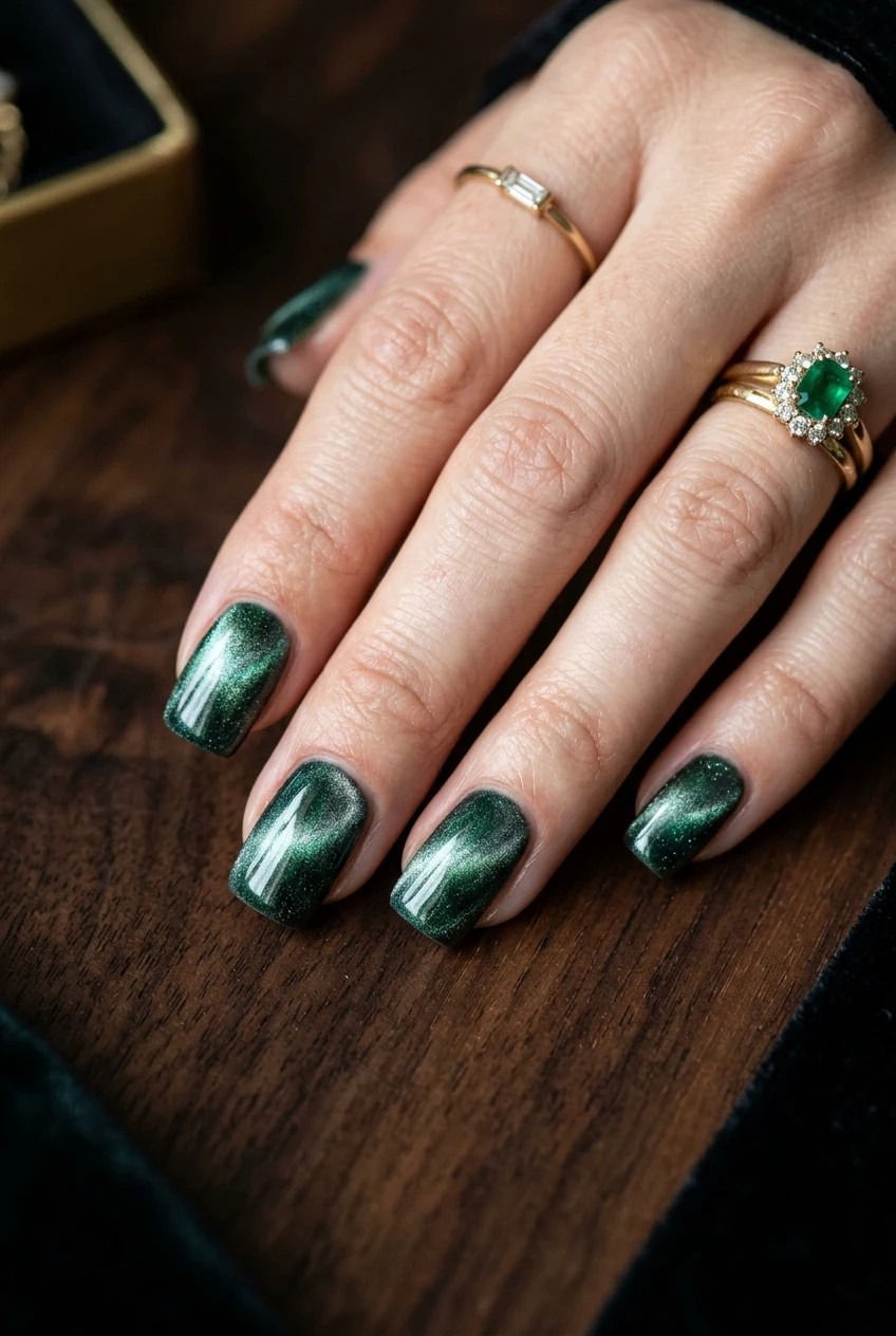 3. Rich Emerald Forest Velvet Nails - fall cat eye nails (AI Generated Image)