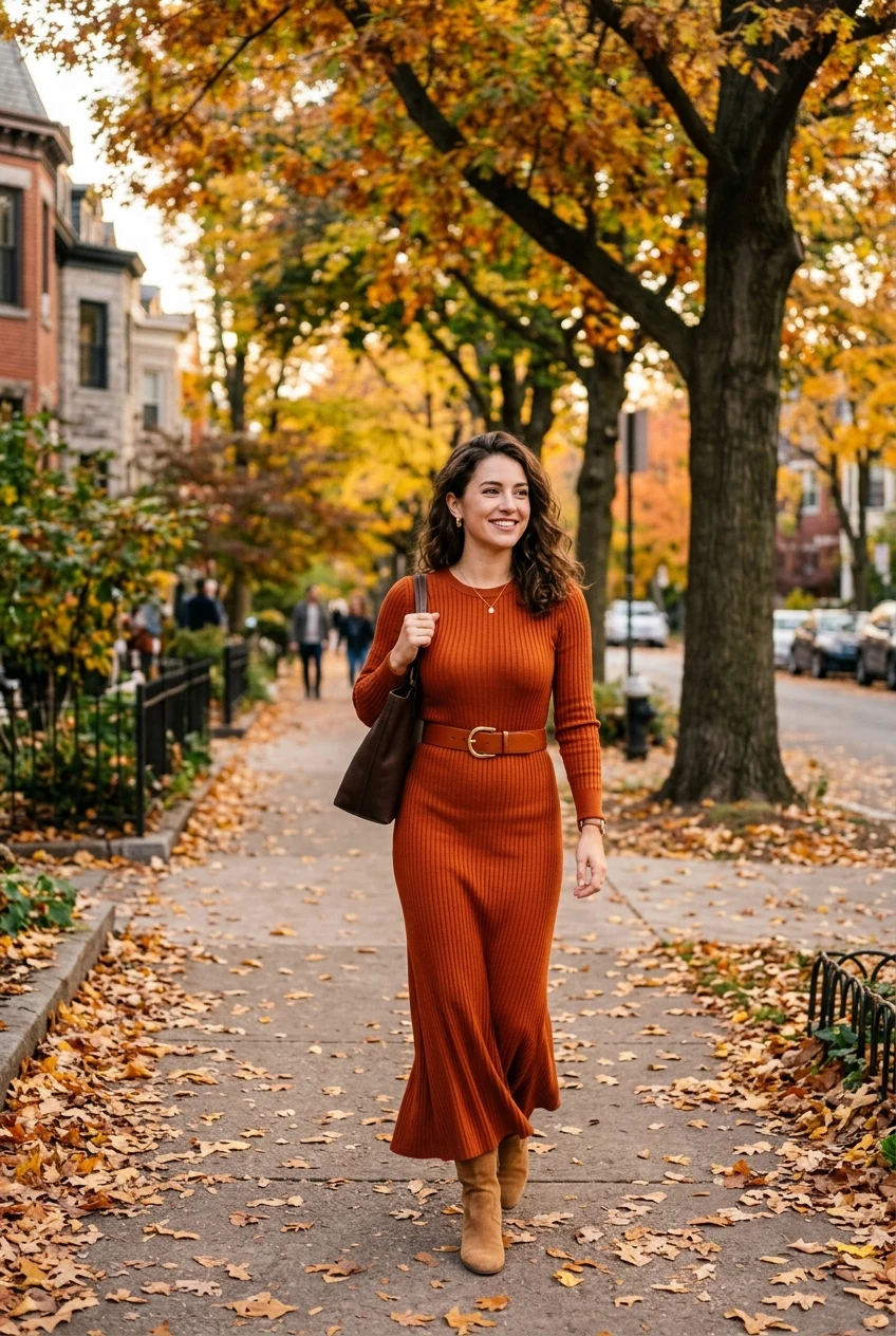 5. Rust Orange Ribbed Knit Maxi Dress with Cinching Belt - thanksgiving outfit (AI Generated Image)
