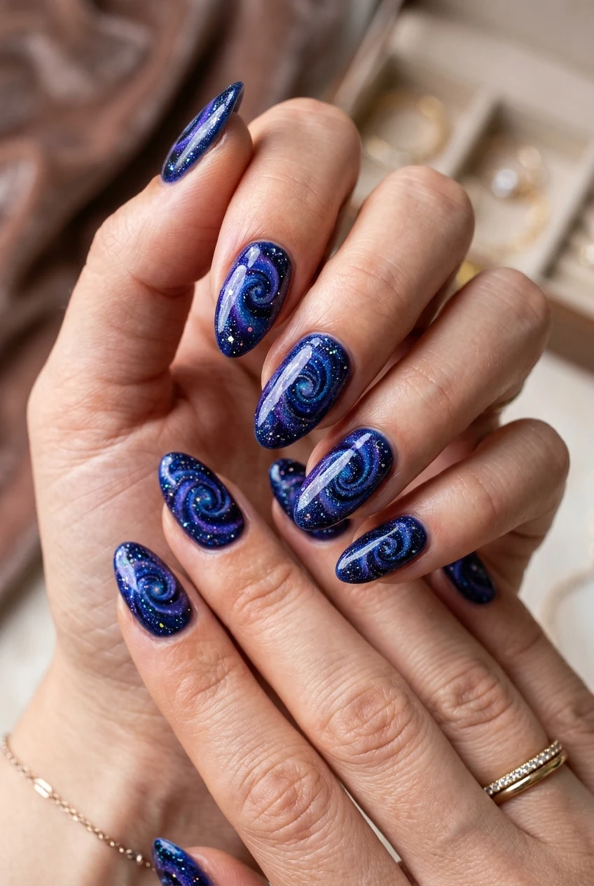 7. The Secret Door Indigo Portal Swirl Nails - coraline nails (AI Generated Image)