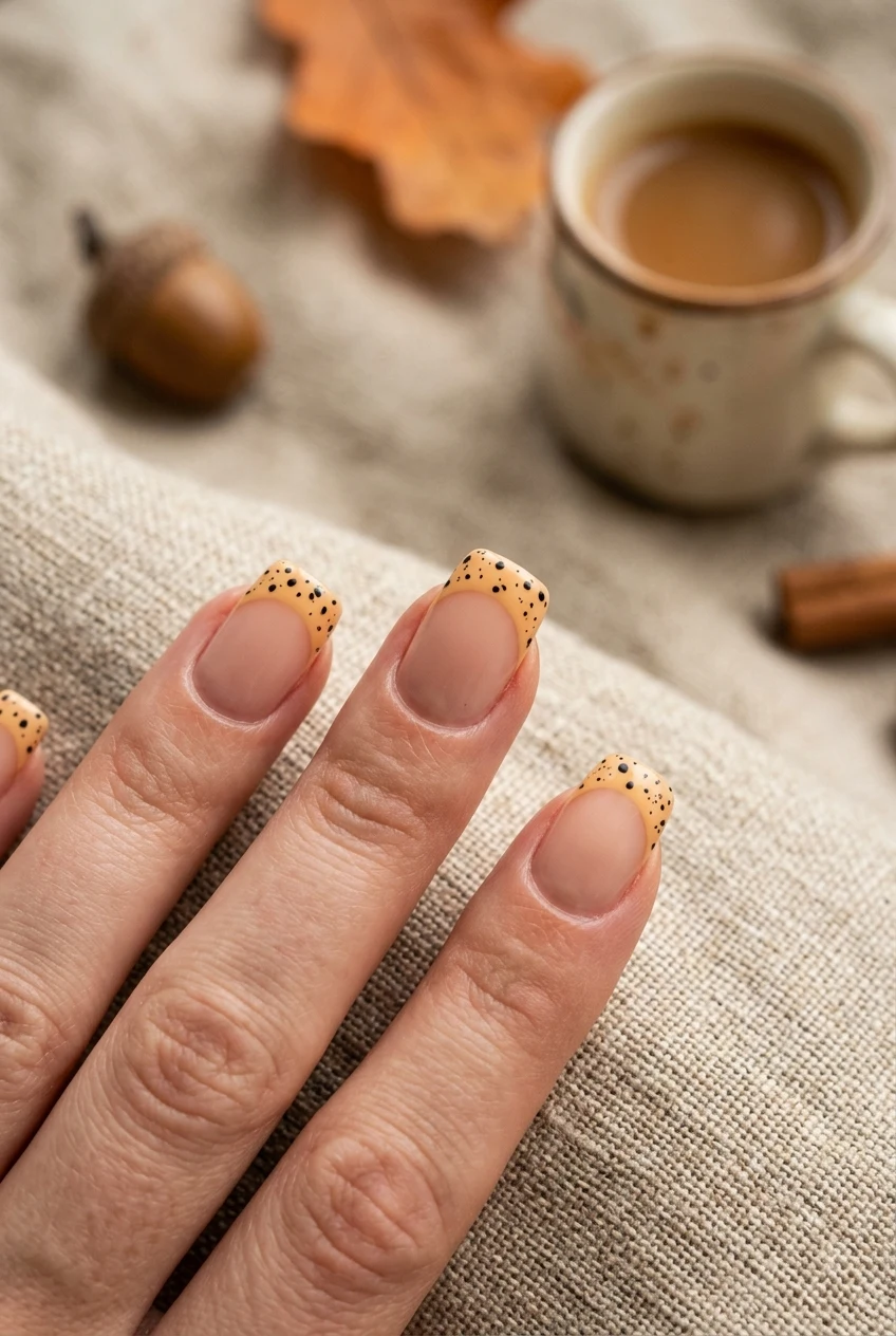 18. Speckled Pumpkin Seed Minimalist French - simple fall nails (AI Generated Image)