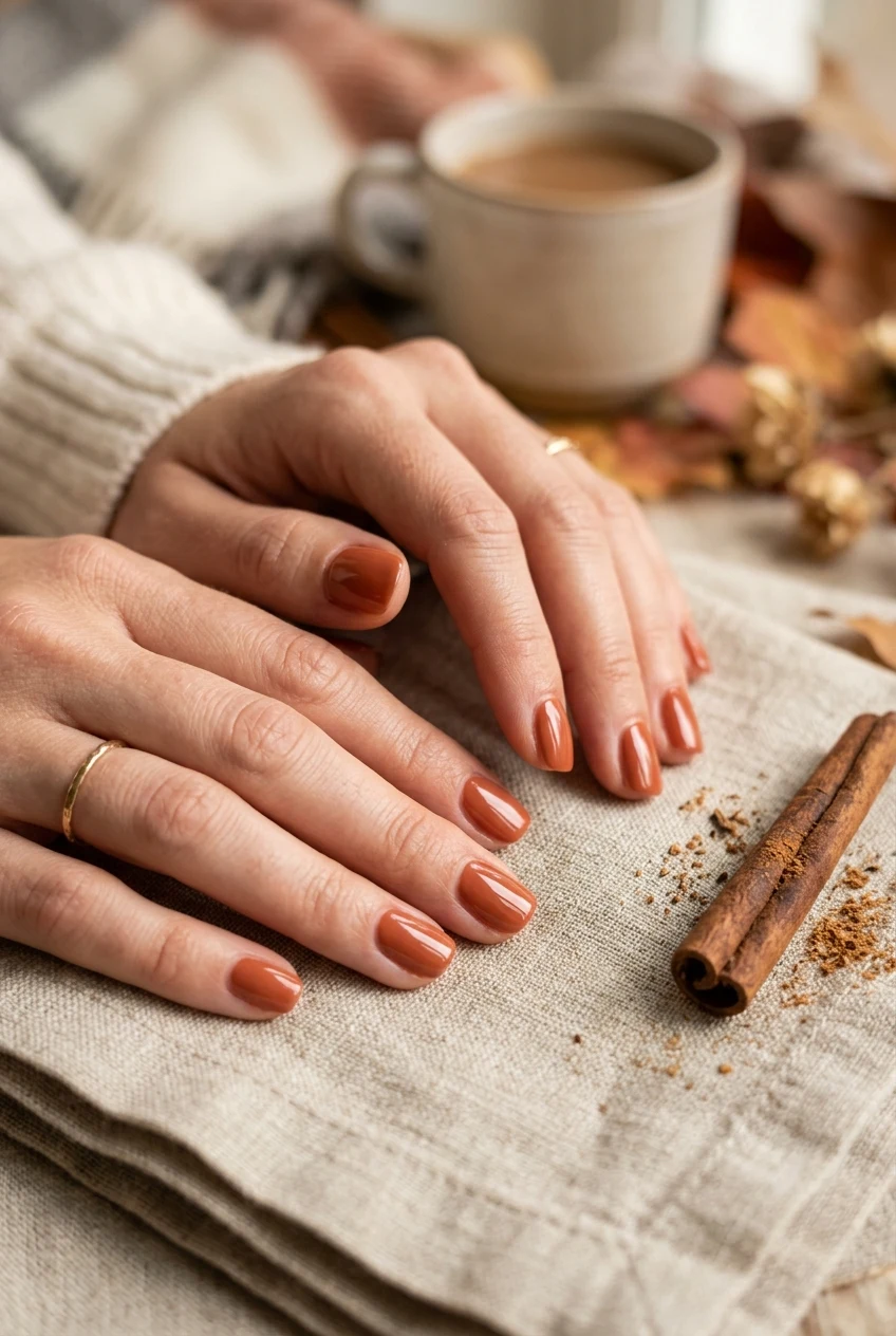 4. Spiced Terracotta Muted Monotone - simple fall nails (AI Generated Image)