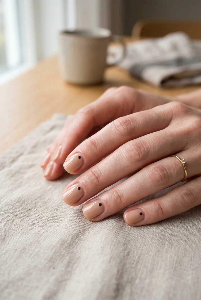 10. Toasted Marshmallow Nude with Brown Micro-Dots - simple fall nails (AI Generated Image)