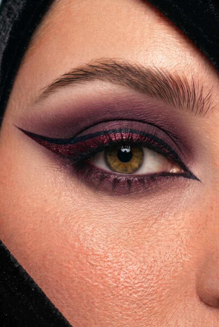 13. Vampiric Smoky Burgundy Double-Wing Cat Eye - halloween eyeliner (AI Generated Image)