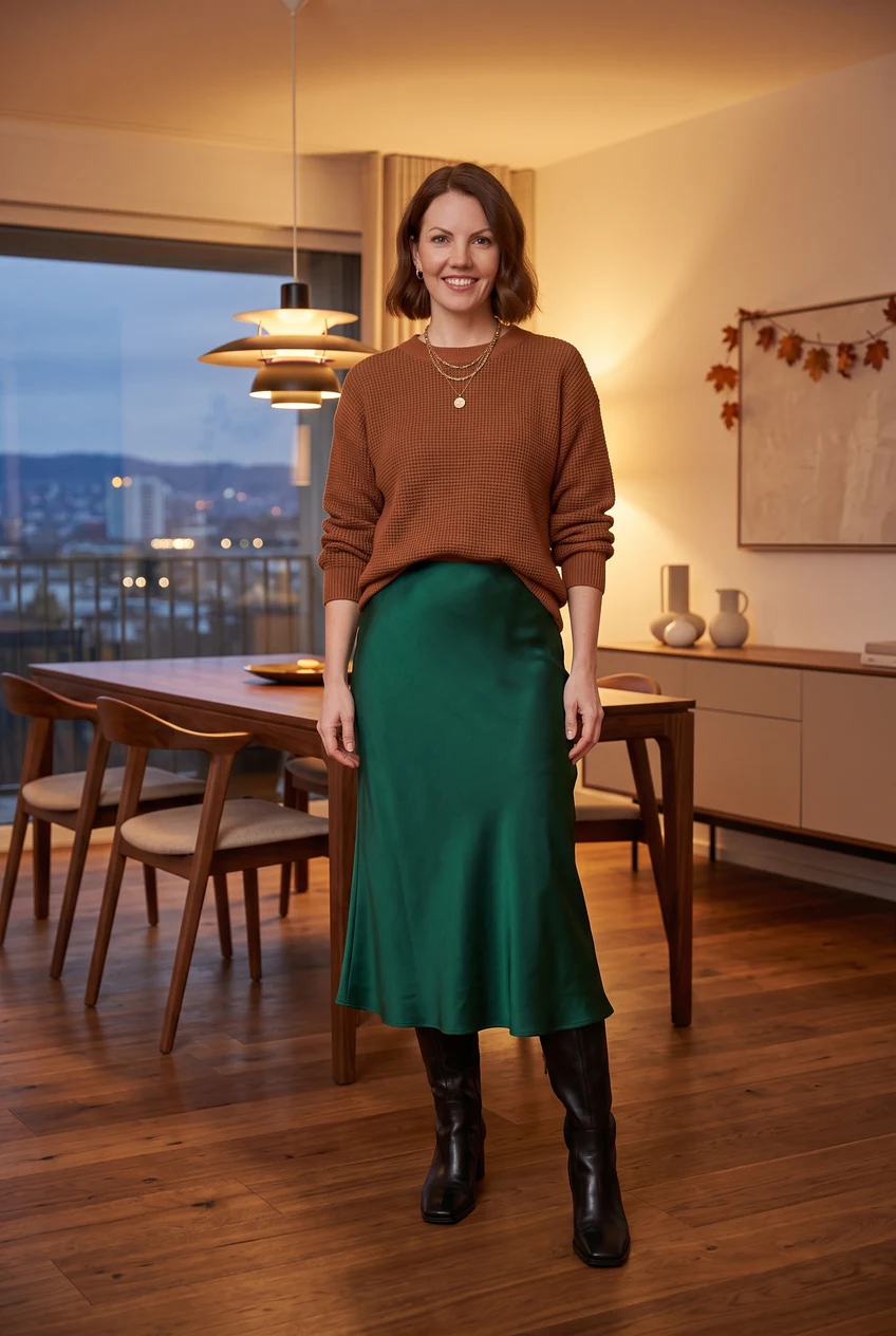 18. Oversized Waffle Knit Crewneck with Silk Bias-Cut Skirt - thanksgiving outfit (AI Generated Image)