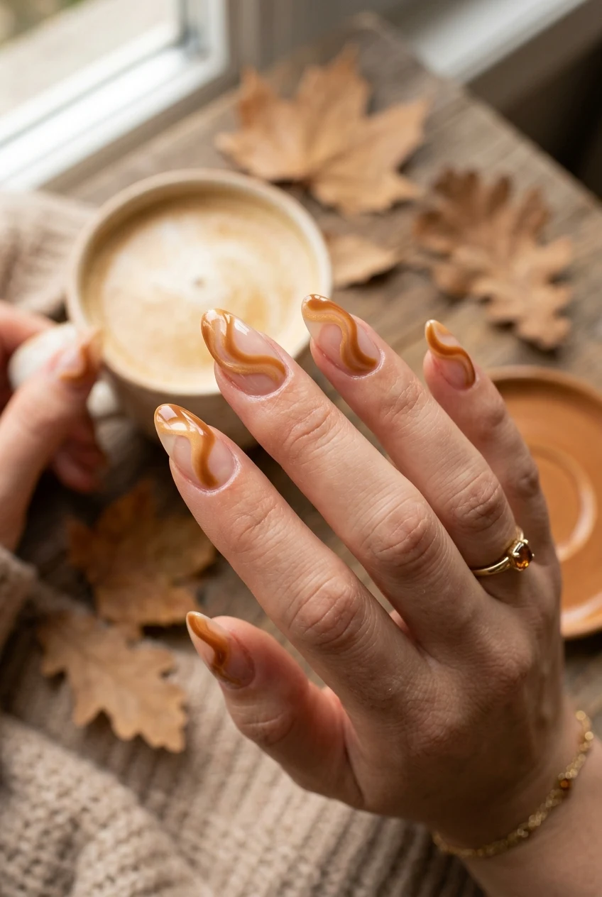 11. Warm Caramel Swirl Negative Space - simple fall nails (AI Generated Image)